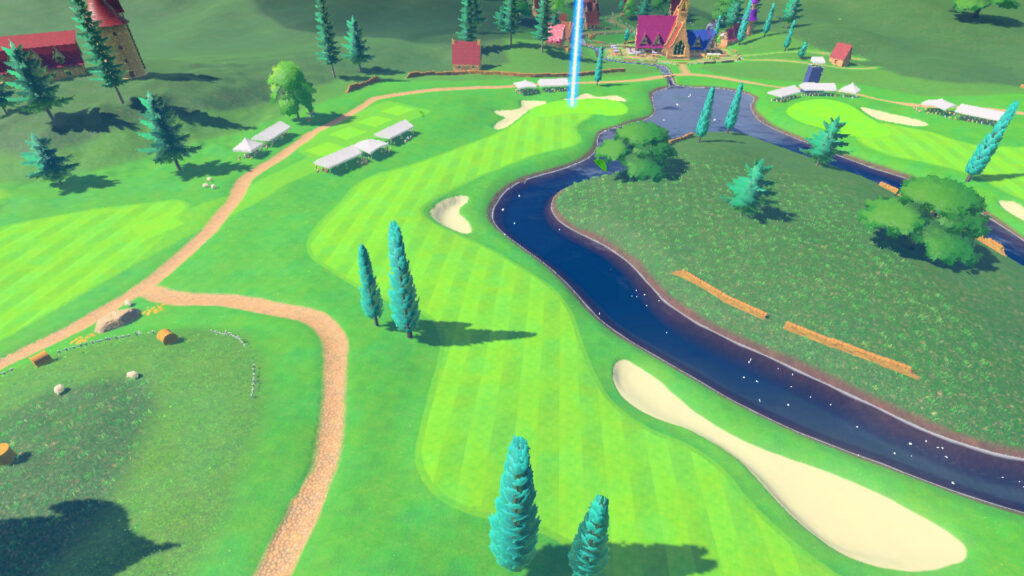 Mario Golf: Super Rush top down view of the scenery: including lakes, sand pits and trees