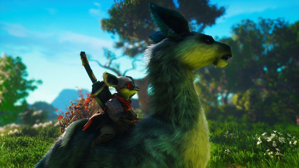 A Biomutant chracter riding a furry horse-like creature through a forest.