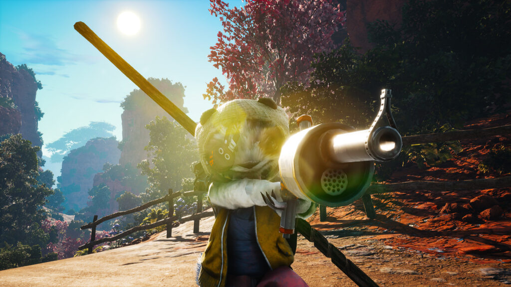 My Biomutant character points a gun towards the camera, with a sun flare glinting off the gun and its face.