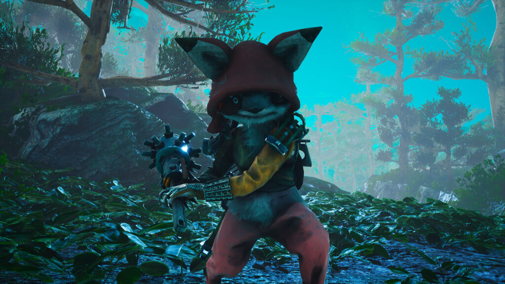 My Biomutant character wearing a red fox hat and holding a club style weapon.