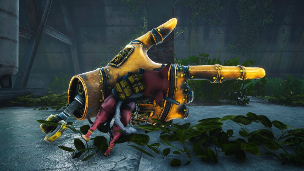 A large robotic hand facing right in a gun position, with my Biomutant character leaning on the side.