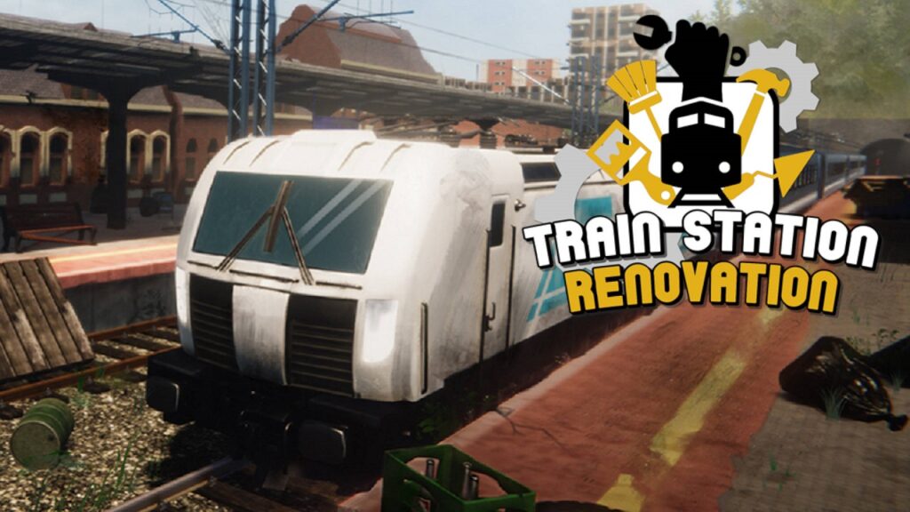 A stationary train in a dilapidated platform with the logo 'Train Station Renovation'.