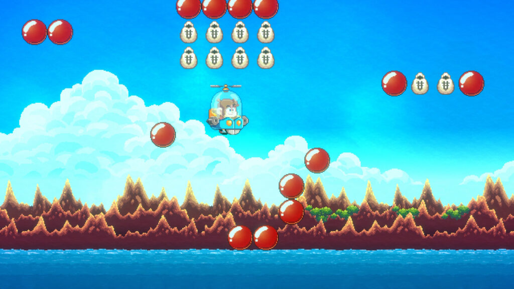 Alex Kidd flying in a mini copter, avoiding obstacles