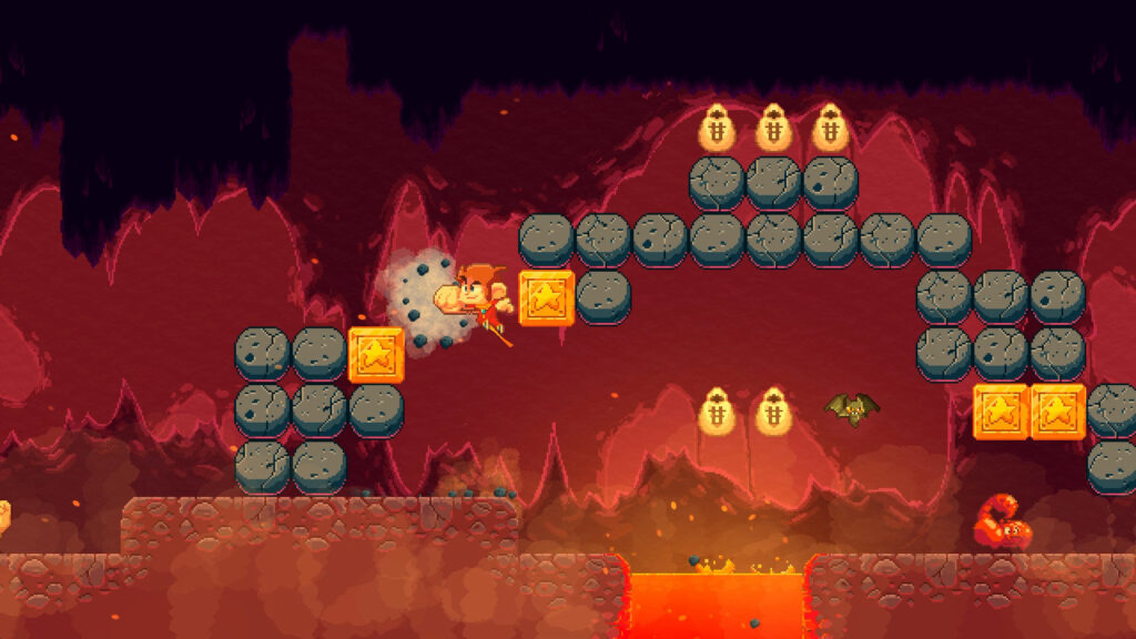 Alex Kidd punching through some stones above a lava filled cavern. Some obstacles can be destroyed in order to carve a safe path