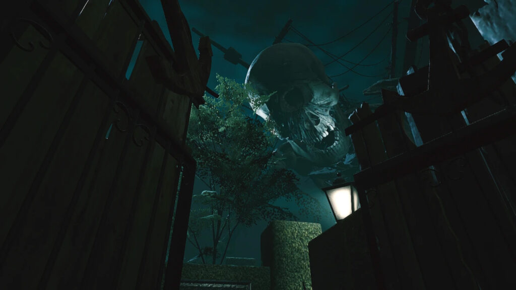 Screenshot of Layers of Fear 2 showing a big skeleton-like creature with one eye and a missing tooth looking down on the player.
