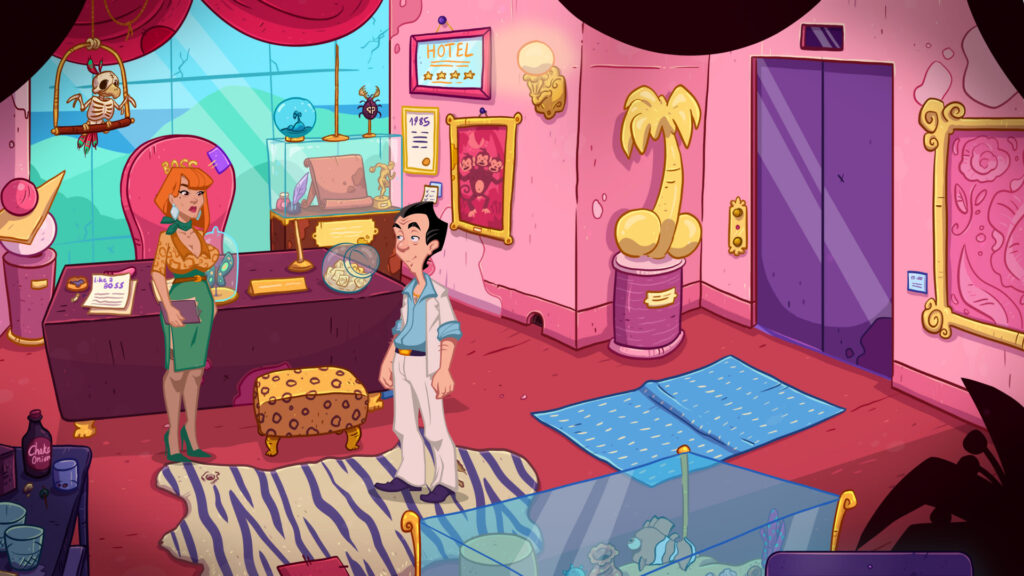Leisure Suit Larry: Wet Dreams Dry Twice screenshot showing Larry in an office with a female character from the game