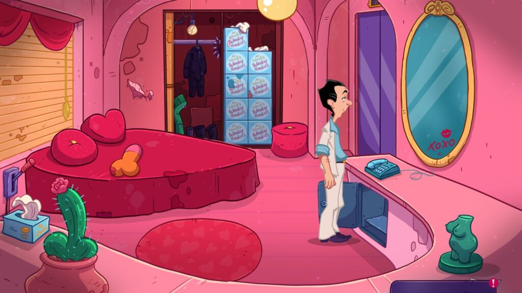 Leisure Suit Larry: Wet Dreams Dry Twice screenshot showing Larry exploring a bedroom with a big heart-shaped bed
