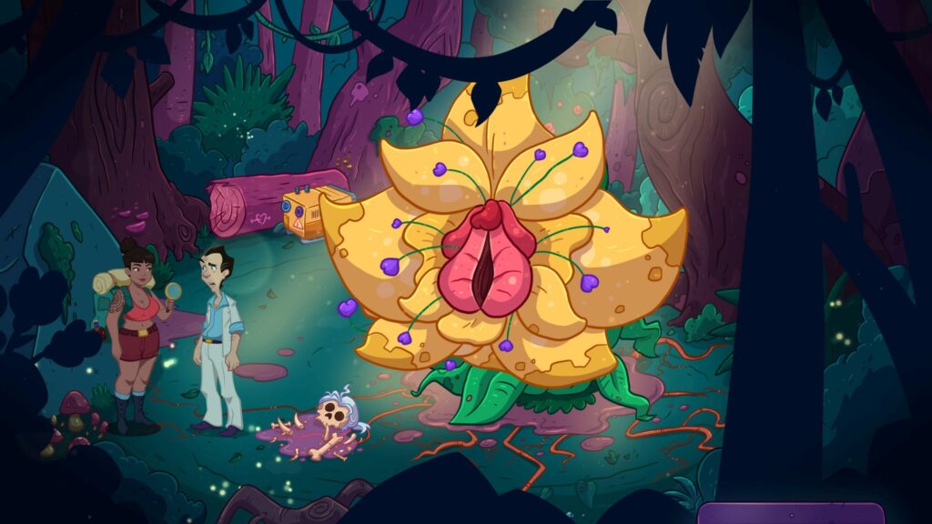 Leisure Suit Larry: Wet Dreams Dry Twice screenshot showing Larry exploring an environment with a giant flower in the background
