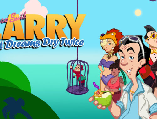 Key art from Leisure Suit Larry: Wet Dreams Dry Twice showing Larry and a selection of characters from the game