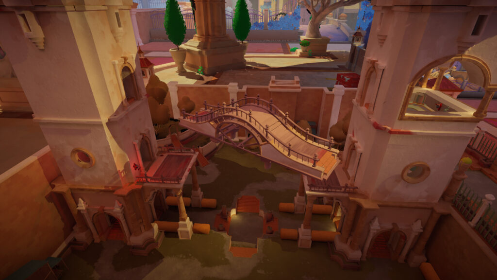 Game screenshot showing the player manipulating a bridge model and placing it in the environment.