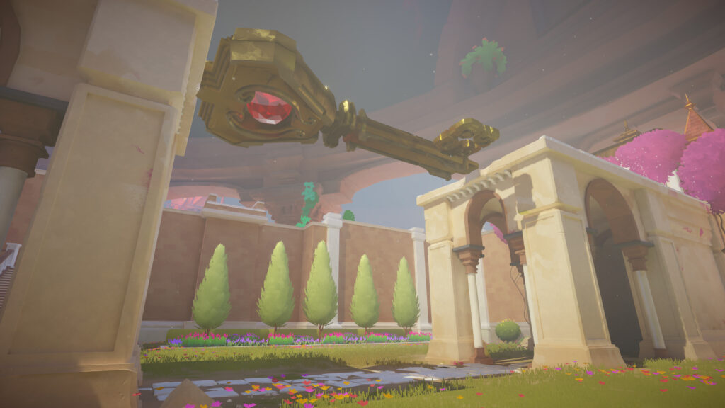 Game screenshot showing a giant key being used as a bridge for the player to move between areas.