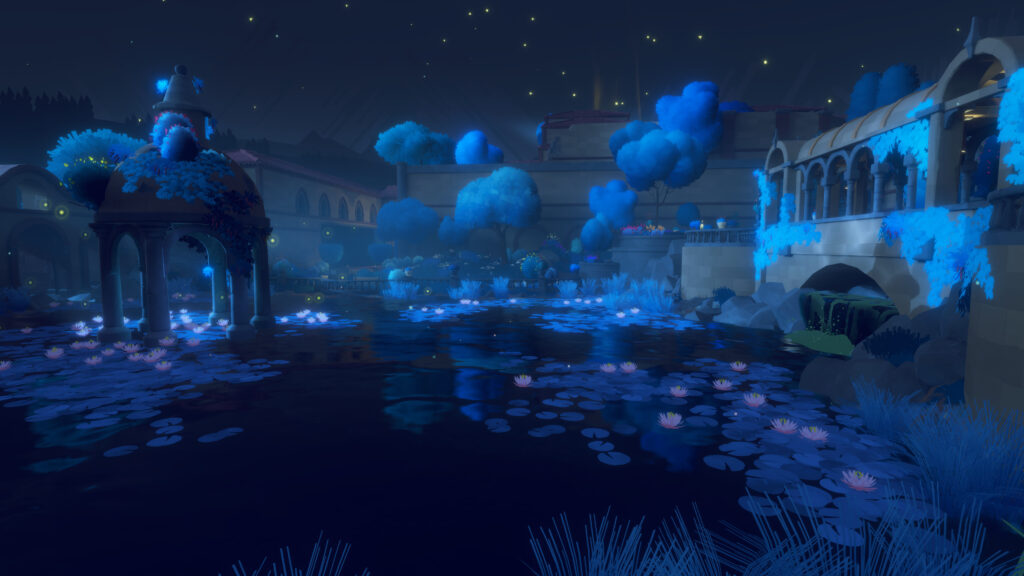 Game screenshot showing a picturesque scene over a lake with a blue hue.