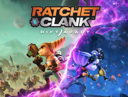 Key art from the game showing Ratchet and Rivet in different dimensions.