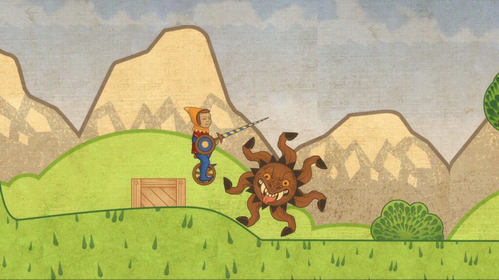 The main character attempting to surmount a seven legged obstacle with a demon's face.