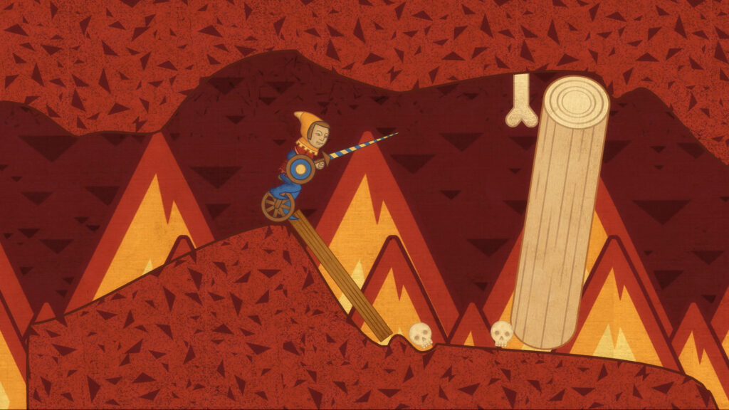The balancing character traversing through a hellish landscape filled with fire.