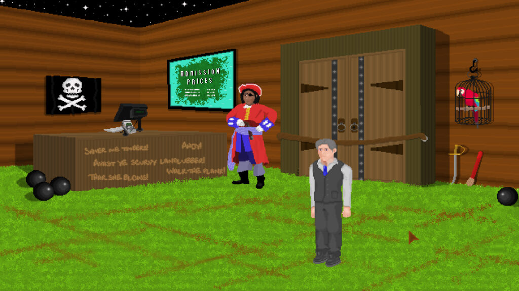 A pirate and male character in a room with a reception desk and grassy floor in the game Trails and Traces