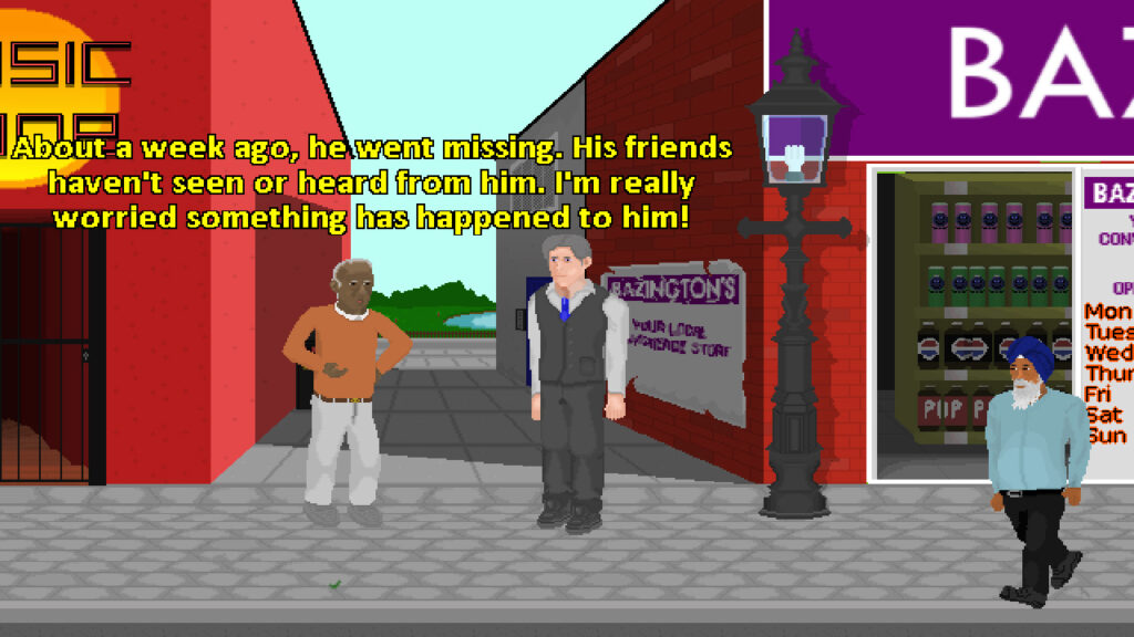 Three characters in the street, two talking between shops in the game Trails and Traces
