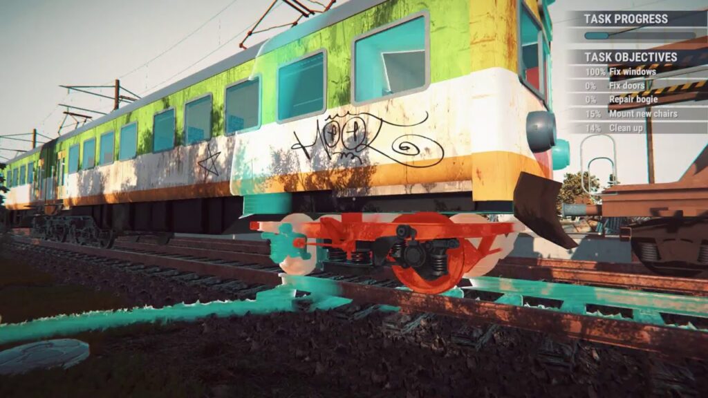 A graffitied train on railway tracks in the game Train Station Renovation.