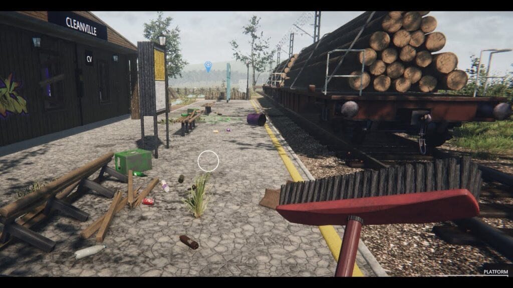 A train platform with weeds growing and general mess in the game Train Station Renovation.