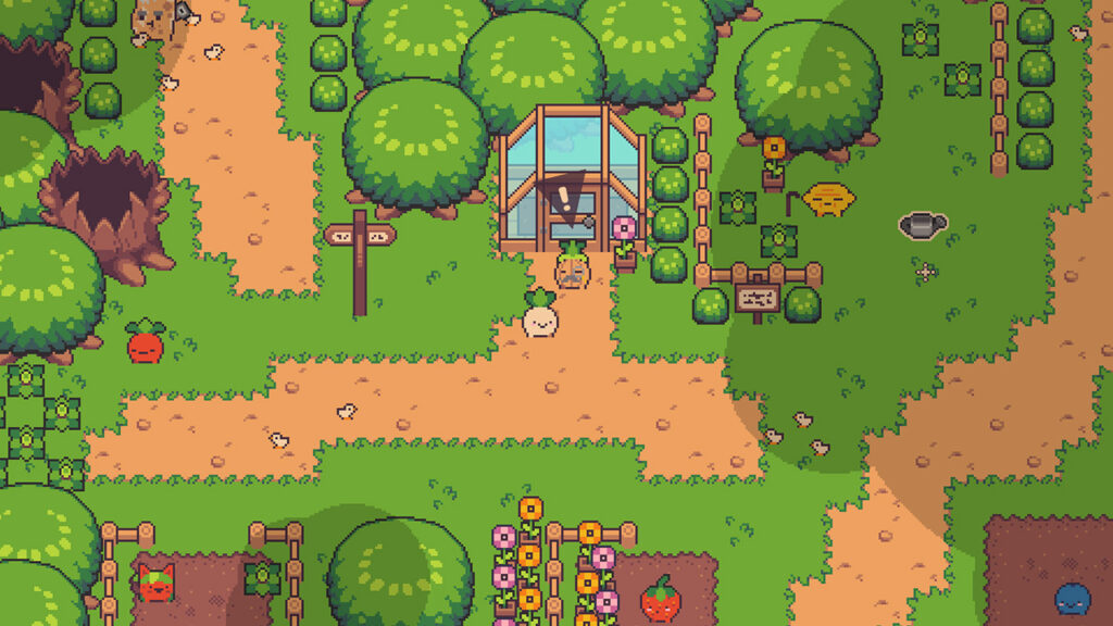 Turnip Boy interacting with Mayor Onion in a scenic environment.