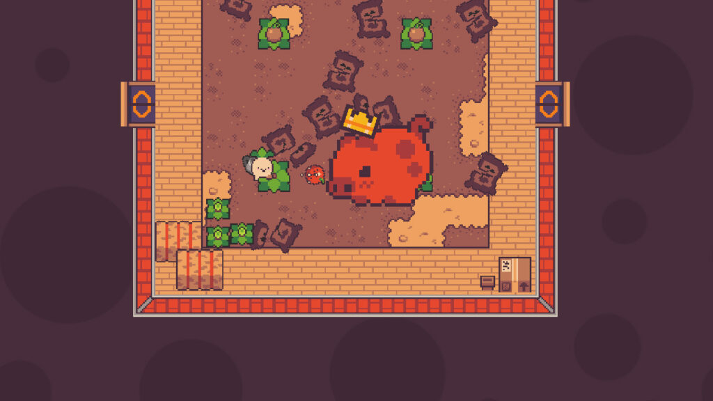 Turnip Boy fighting a kingly pig as a boss battle.
