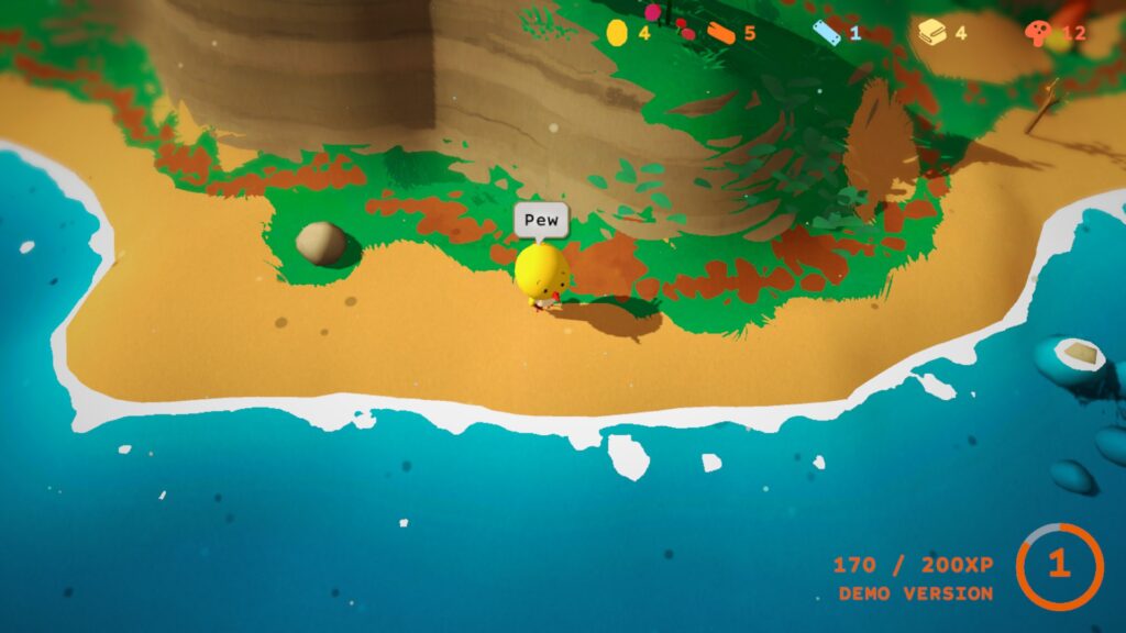 Flint stands on a beach next to the sea, saying 'Pew' in a speech bubble!
