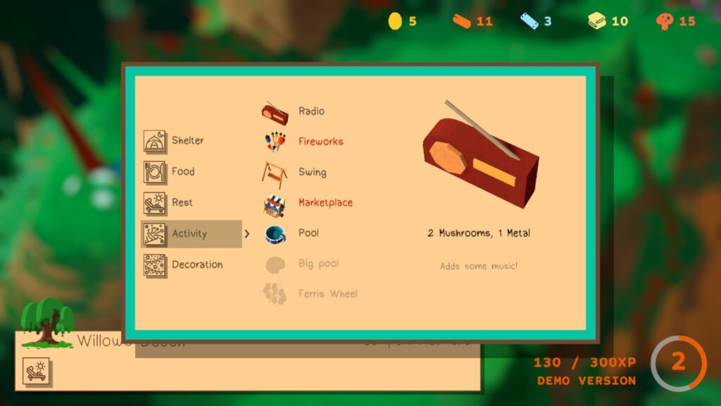 A menu showing the activity items you can create, such as a radio for 2 mushrooms and 1 metal.