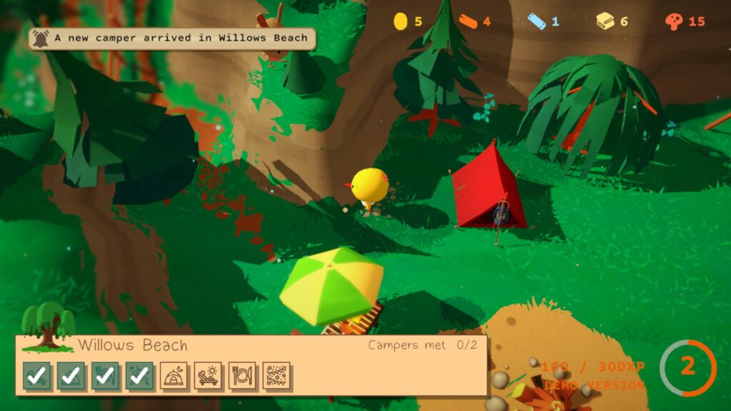 Flint, a yellow bird, stands in a forested camp site with a tent and a BBQ covered by an umbrella. A notification in the top left corner says 'A new camper arrived in Willows Beach'.