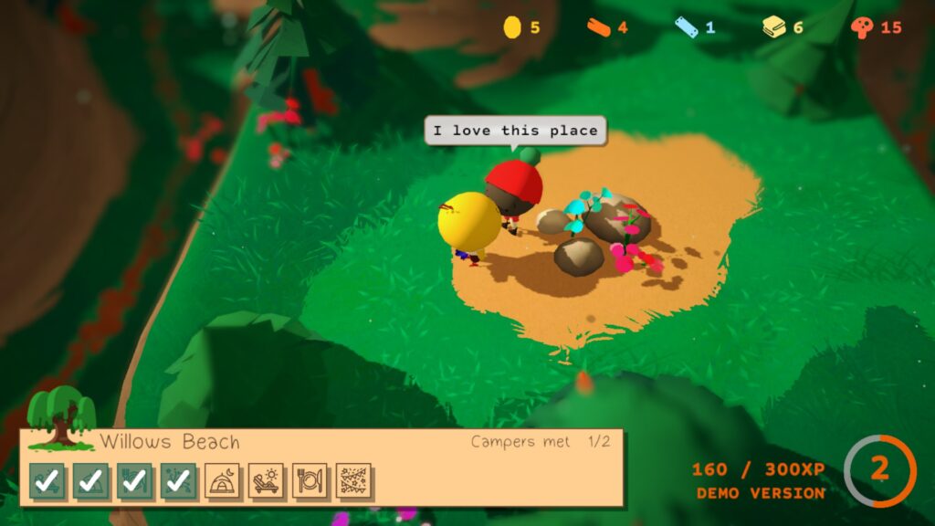 Flint talks to a brown bird with a red and green bobble hat, who has a speech bubble saying 'I love this place'.