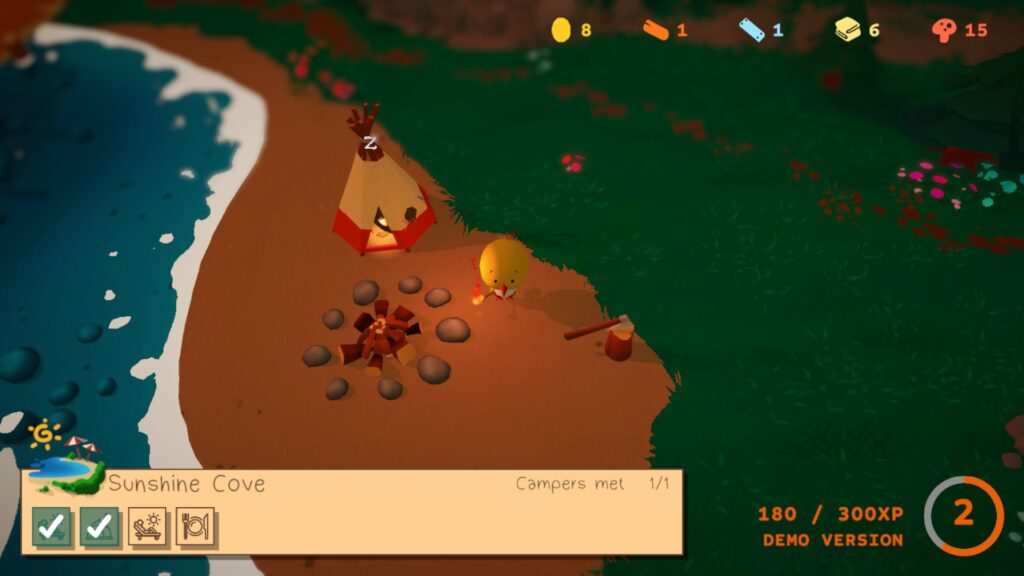 Flint stands with a torch on a beach at night, next to a campfire and teepee.