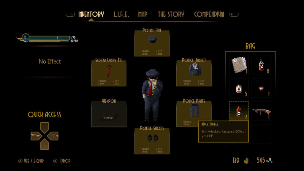 This shows the player's inventory. They have a police uniform that changes some of their stats and the mack janiels is highlighted, showing that it will restore all their health