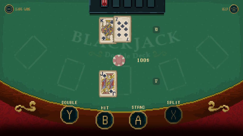 Classic card table showing the blackjack mechanics in Pecaminosa