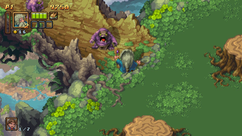 the character is approaching a bridge where two creatures are blocking his path