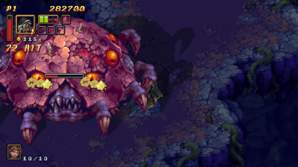 The player is attacking a massive shelled creature