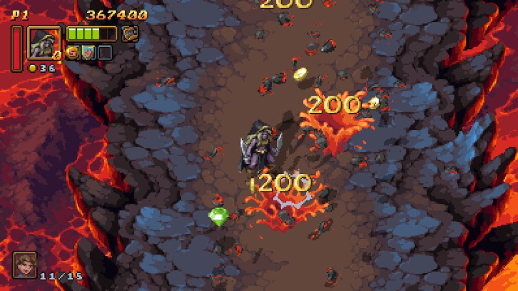 Puddles of enemy remains splash around the player character