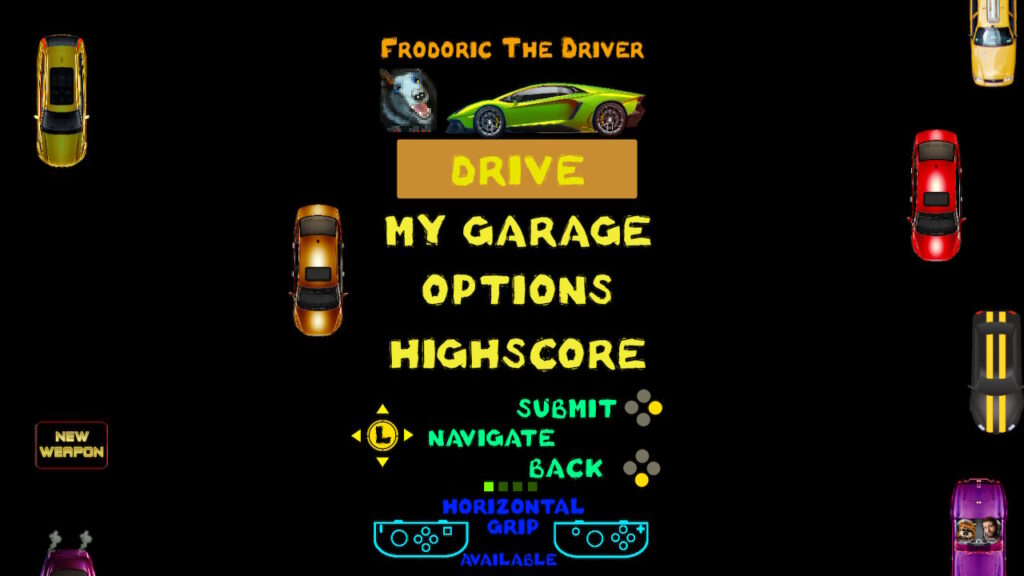 The cover page of Frodoric the Driver. It has options to drive, visit the garage, change options and view highscores.