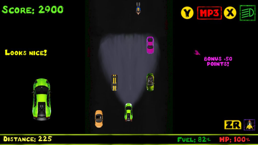 The Lamborghini driving in the darkness with the other cars surrounding it. It has headlights on