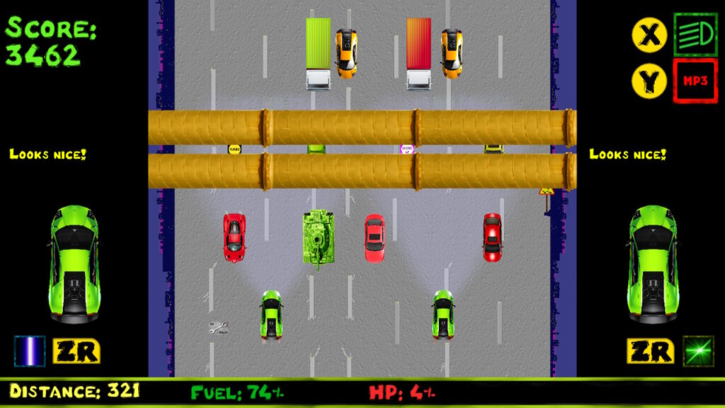 Two Lamborghinis side by side trying to maneuver through traffic.