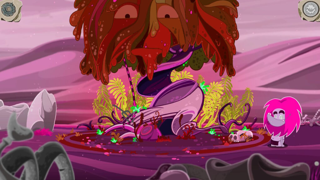 Ungh viewing a tree and skeleton with vibrant colors
