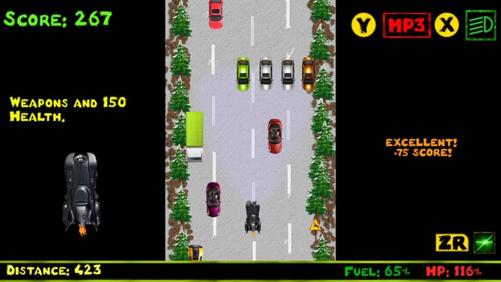 Frodoric the Driver is driving a car that looks like the Batmobile and sees a wall of four cars impeding his path