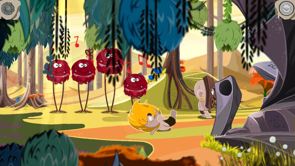 Ungh dancing in front of four forest dwellers and a guy wearing a mask