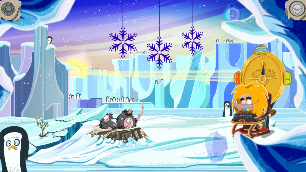 ungh sitting in a time machine around a icy tundra with the sun beating down on him and a genetic failure in the center of the screen