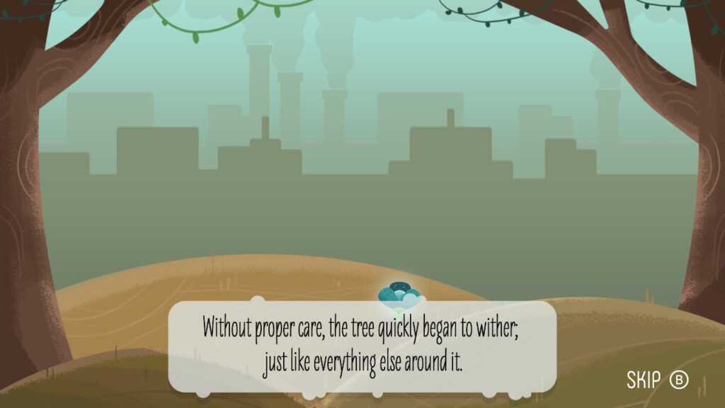 A newly-planted tree is surrounded by brown grass and a polluted city