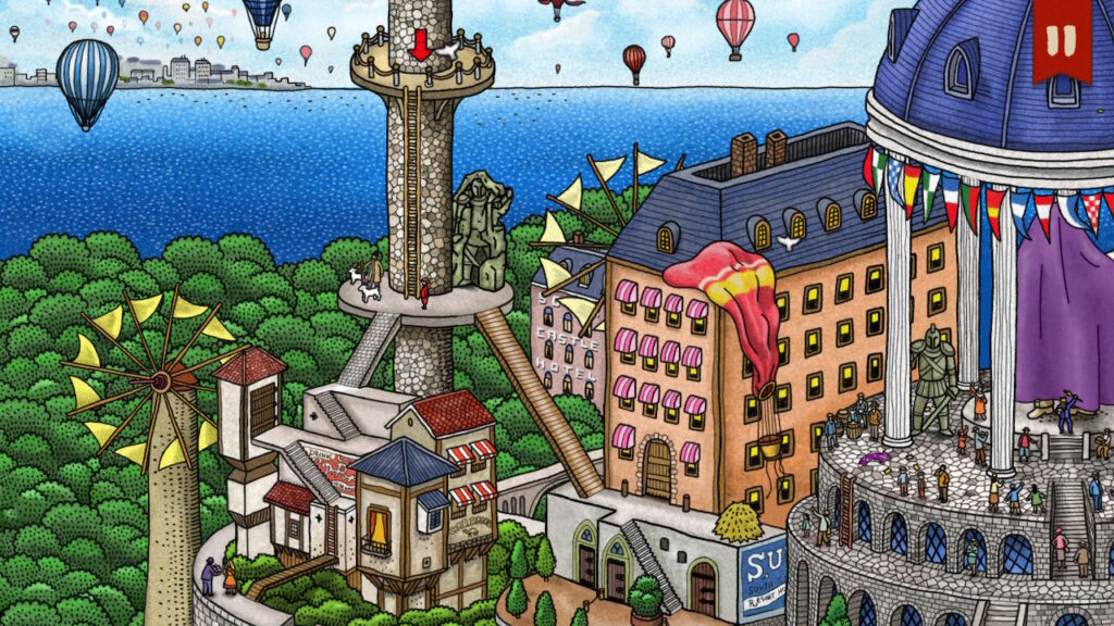 Pierre stands on a tower overlooking the sea in one direction, and a town in the other.