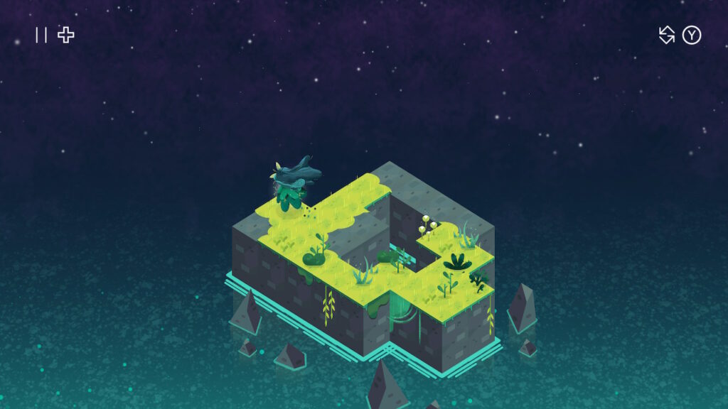 The player character spreads grass on a rocky level surrounded by water and a starry sky