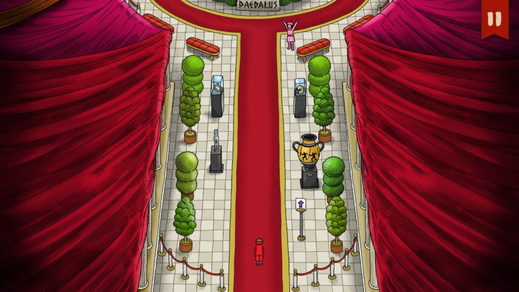 Pierre walks up a red carpet leading into the museum.