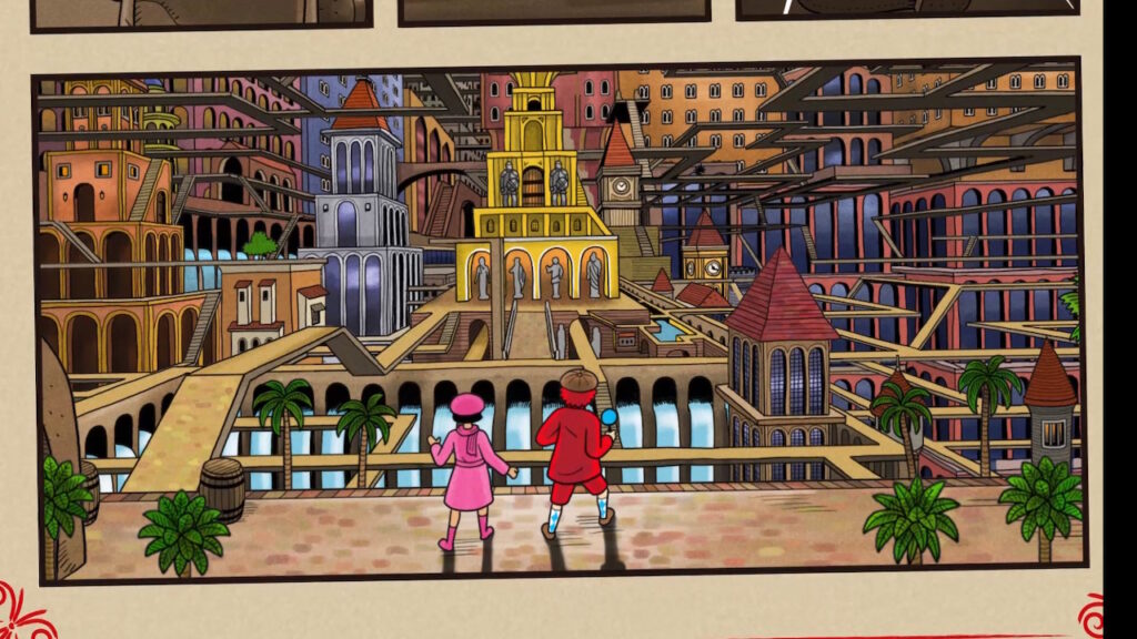 Pierre and Carmen look across a huge multi-layered labyrinth.