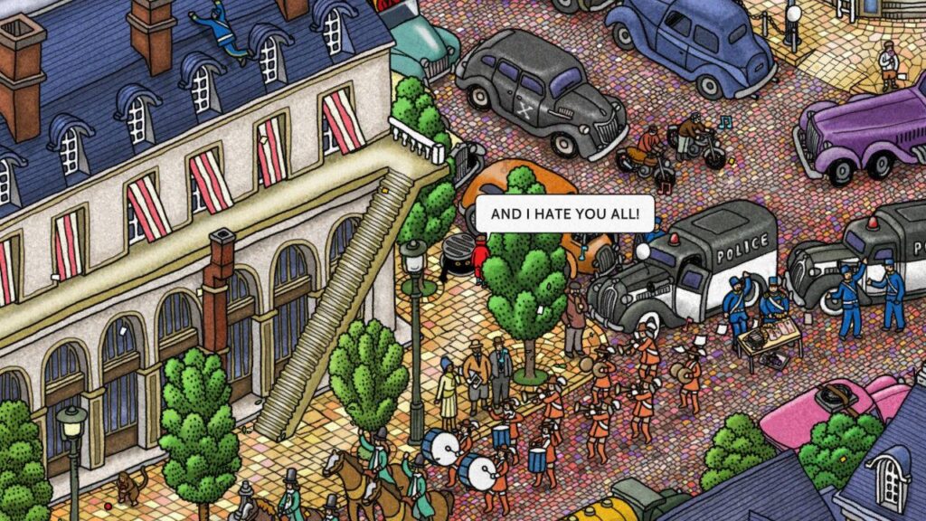 Pierre speaks to a dark creature hiding in a manhole in the middle of the city.