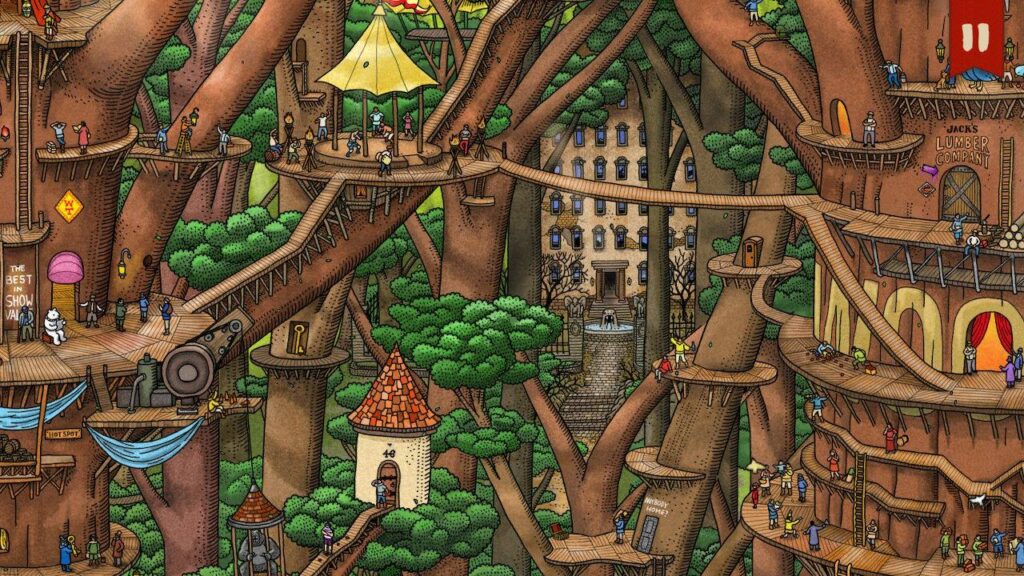 Pierre explores wooden platforms built high in the air around giant trees.