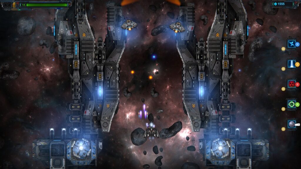 In I, AI, fight to escape the galaxy. the ship shooting purple pullets is being attacked by enemies shooting orange ones
